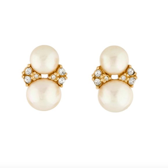 Vintage CHRISTIAN DIOR Double Pearl Rhinestone Earrings - Picture 1 of 10